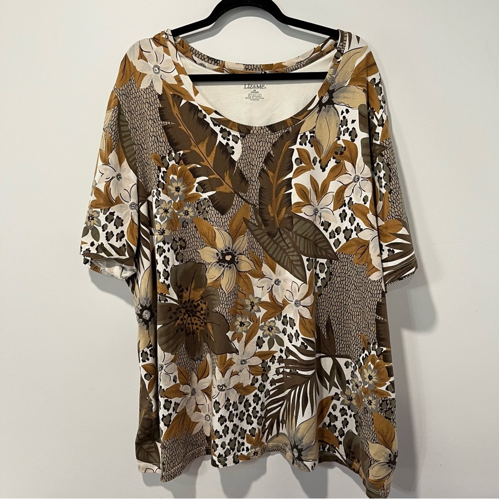 Liz & Me Floral Scoop Neck Women’s Top - Brown & Cream 3x 26/28W
